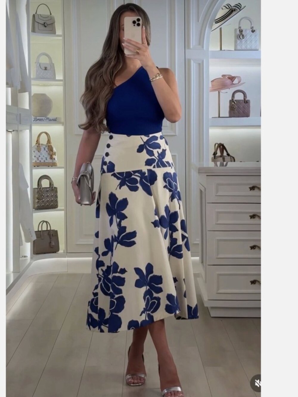 Zara 100% Cotton Ecru Navy Blue Floral A-line Skirt BUTTONS M NWT 8594/049